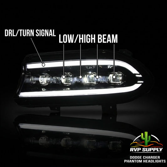 Phantom Series LED Headlights for Dodge Charger (2015-2023) – Sequential Turn Signal, Quad Projector, Plug & Play