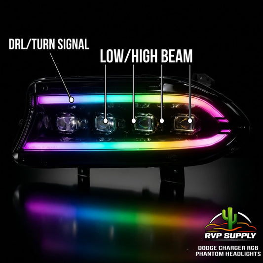 Phantom Series Flow RGB LED Headlights for Dodge Charger (2015-2023) – Sequential Turn Signal, Quad Projector, Plug & Play