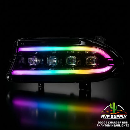 Phantom Series Flow RGB LED Headlights for Dodge Charger (2015-2023) – Sequential Turn Signal, Quad Projector, Plug & Play