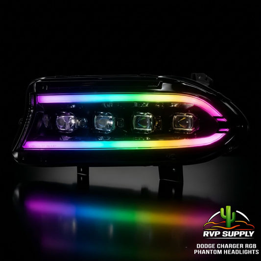 Phantom Series Flow RGB LED Headlights for Dodge Charger (2015-2023) – Sequential Turn Signal, Quad Projector, Plug & Play